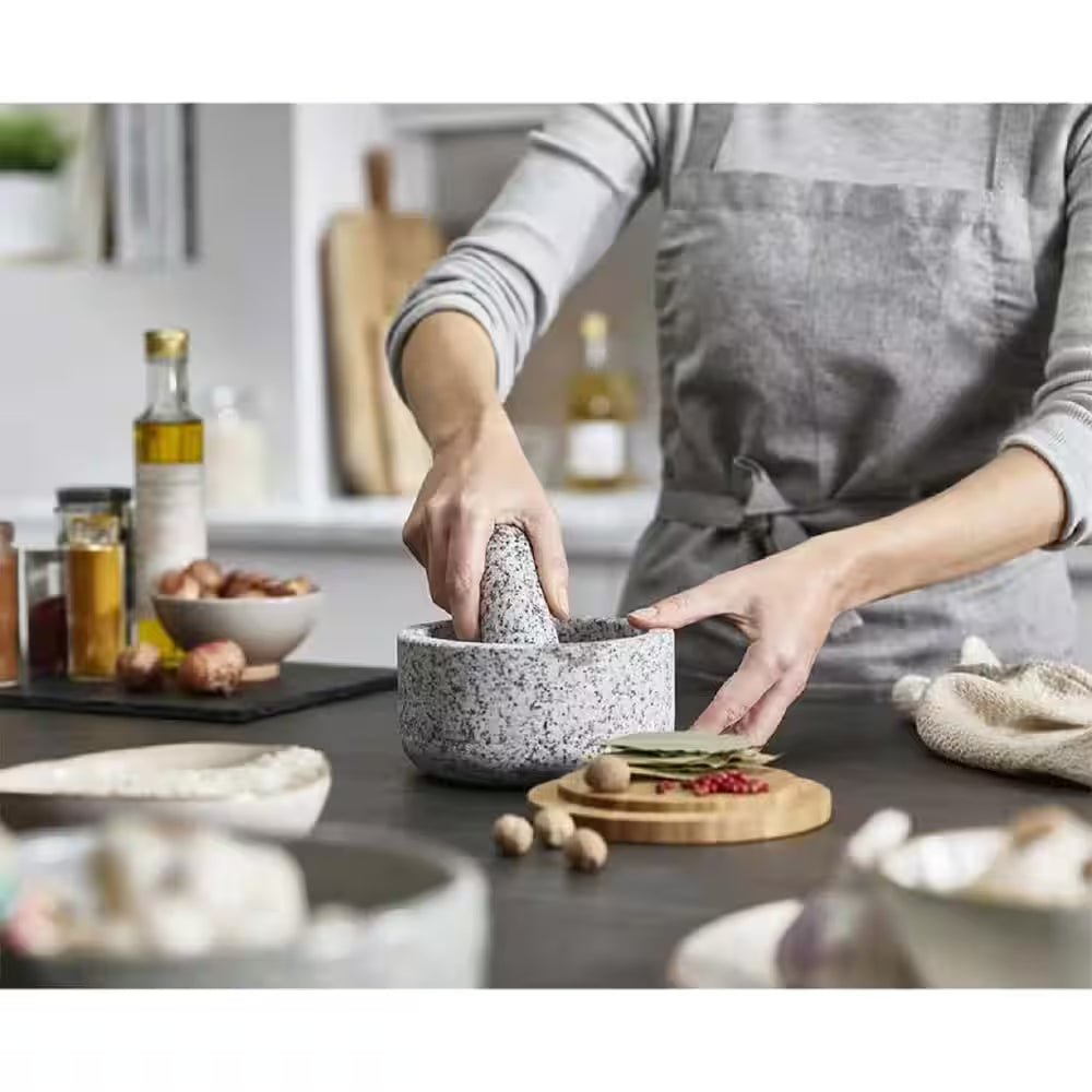 Heavy-Duty Natural Granite Mortar and Pestle Set with Bamboo Lid - 5 Inch, Dust-Free Design in Gray