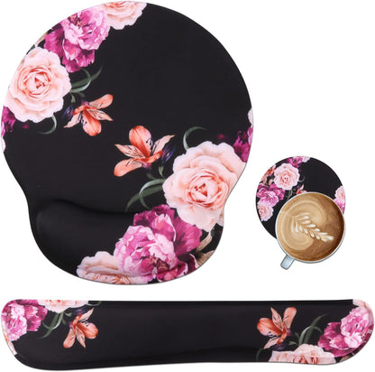 Ergonomic Mouse Pad and Wrist Support Set with Non-Slip Base for Computer and Laptop Use, Featuring Peony Flowers Design, Includes Coasters for Enhanced Comfort and Pain Relief