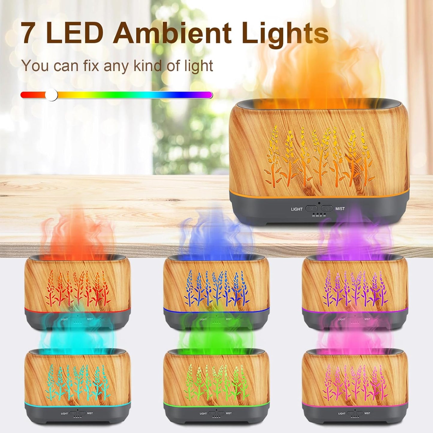 Aromatherapy Ultrasonic Oil Diffuser with Color Flame Ambient Light for Enhanced Room Atmosphere