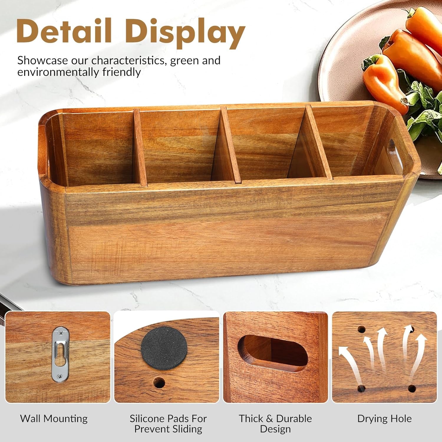 Extra Large Acacia Wood Kitchen Utensil Holder with 4 Compartments - Sturdy Organizer for Cooking Tools and Silverware, Rustic Minimalist Design