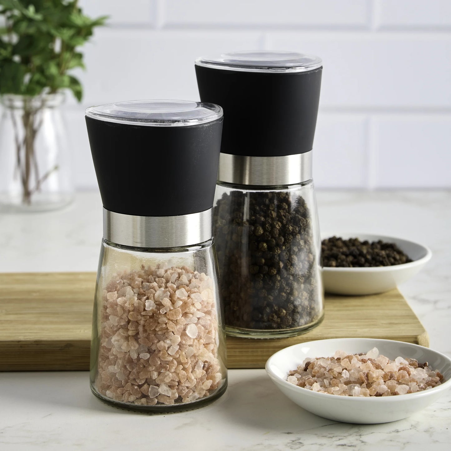 5-Inch Glass Pink Himalayan Salt and Pepper Grinder Set - 2 Pack