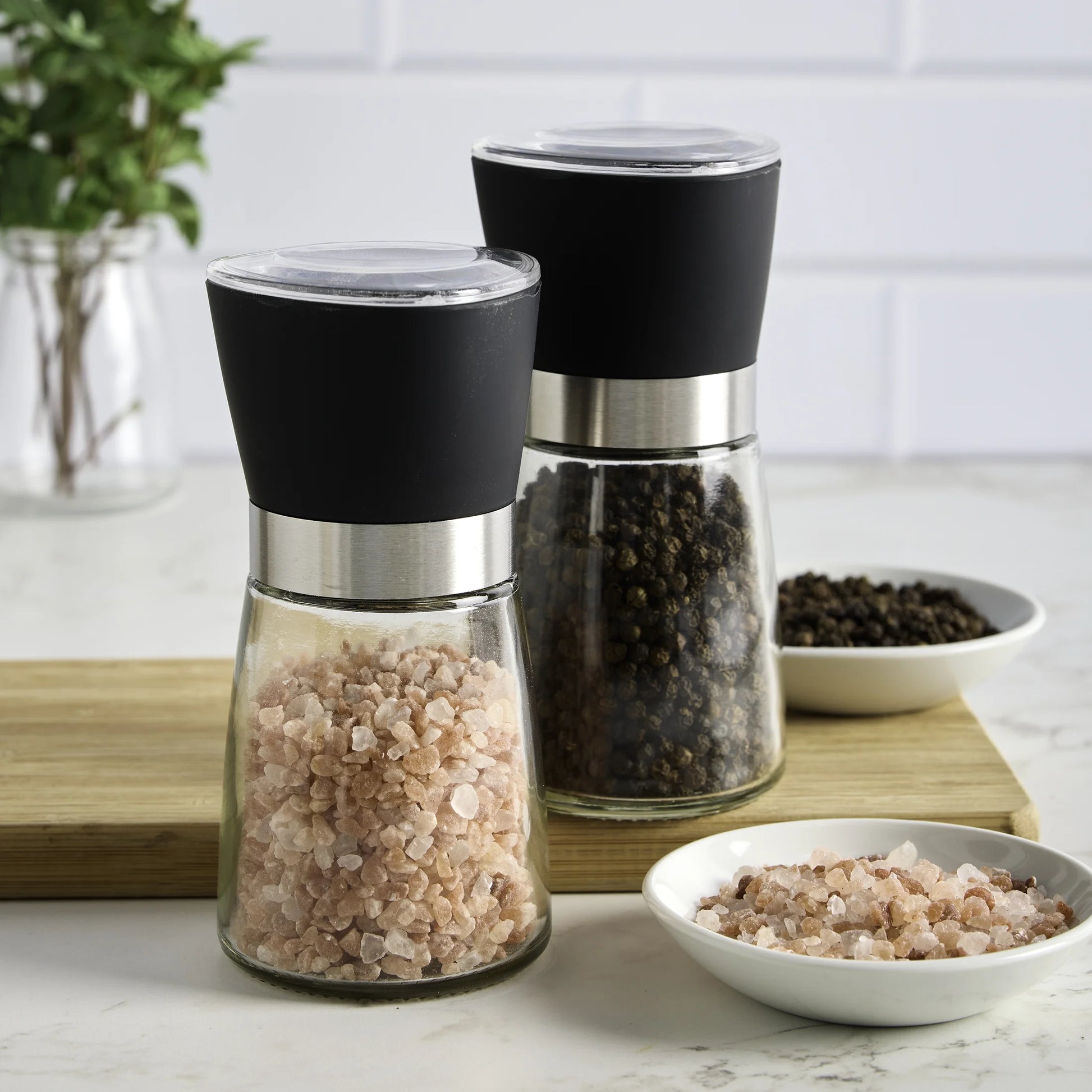 5-Inch Glass Pink Himalayan Salt and Pepper Grinder Set - 2 Pack
