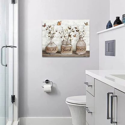 Farmhouse Bathroom Decor Wall Art Rustic Cotton Bathroom Pictures Canvas Print Country Bathroom Relax Soak Unwind Sign Artwork Modern Home Decor for Bathroom Framed Ready to Hang 12"X16"