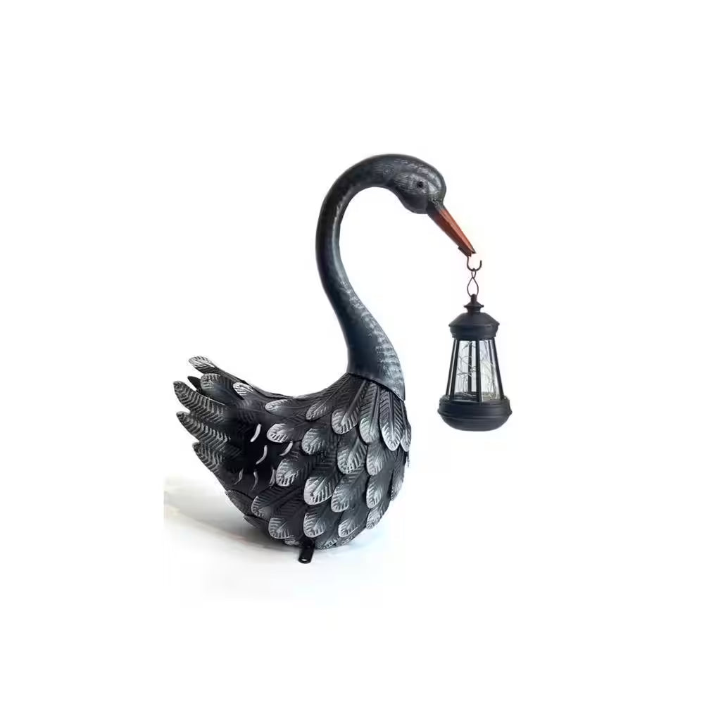 17-Inch Black Metal Solar Swan Garden Statue - Elegant Outdoor Bird Decor for Lawn, Patio, and Poolside