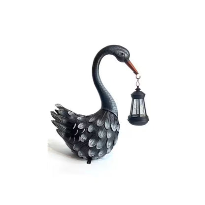 17-Inch Black Metal Solar Swan Garden Statue - Elegant Outdoor Bird Decor for Lawn, Patio, and Poolside