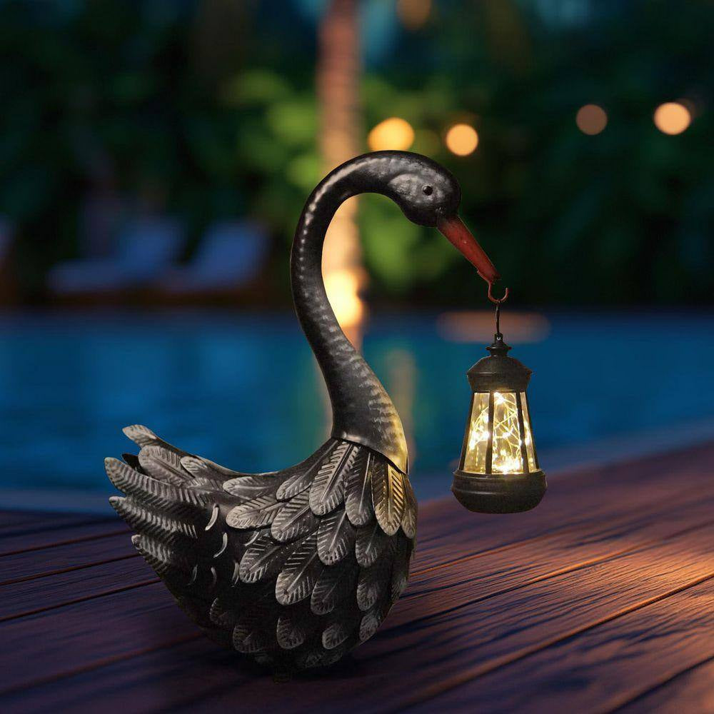 17-Inch Black Metal Solar Swan Garden Statue - Elegant Outdoor Bird Decor for Lawn, Patio, and Poolside