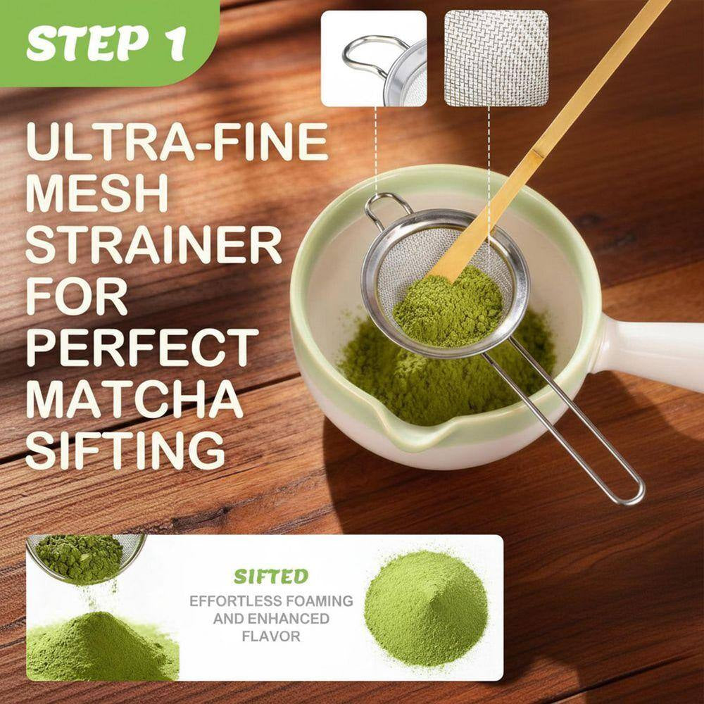 Matcha Whisk Set - Complete Matcha Kit with Handled Bowl, Sifter, Whisk, Spoon, Stand Holder, and Towel for Culinary Use and Holiday Gifting
