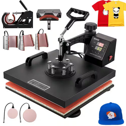 15 In. L X 15 In. W Heat Press Machine 8 in 1 Dual LED Display 360° Rotation Swing Away T-Shirt Press Machine, Black