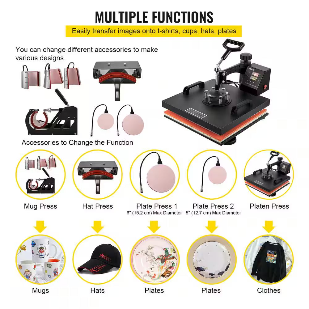 15 In. L X 15 In. W Heat Press Machine 8 in 1 Dual LED Display 360° Rotation Swing Away T-Shirt Press Machine, Black