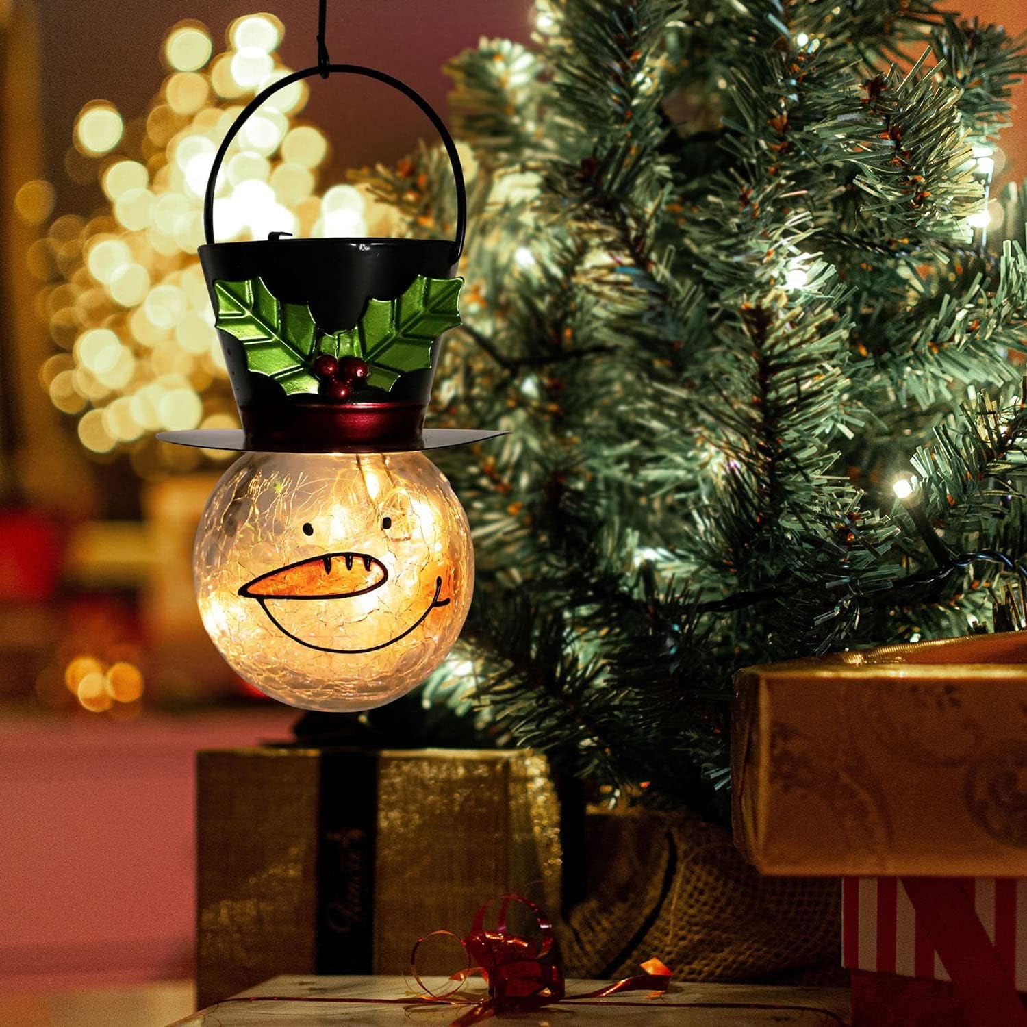 Solar-Powered Snowman Outdoor Lanterns - Elegant Hanging Decorative Lamps for Garden, Patio, and Yard