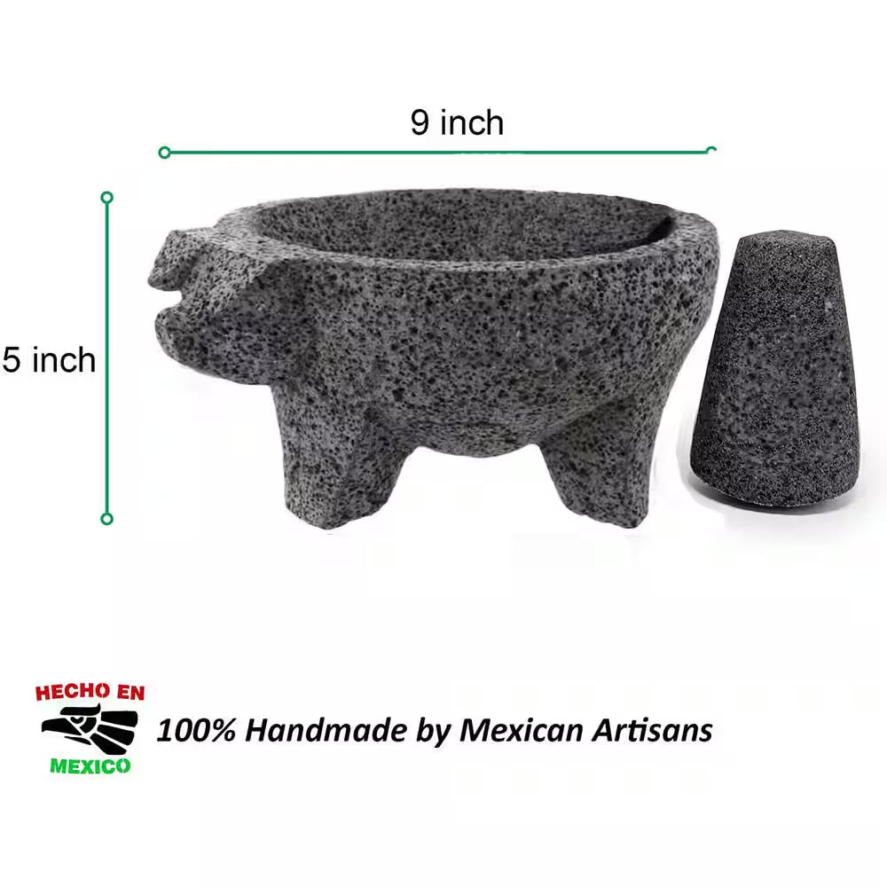 8.6-Inch Artisan Mexican Lava Stone Mortar and Pestle - Perfect for Grinding Herbs and Spices, Featuring a Pig Design