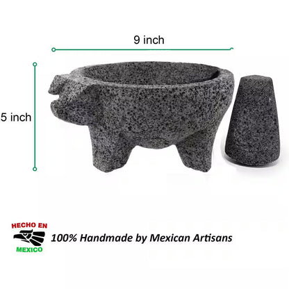 8.6-Inch Artisan Mexican Lava Stone Mortar and Pestle - Perfect for Grinding Herbs and Spices, Featuring a Pig Design