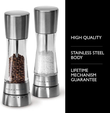 Cole & Mason Derwent Stainless Steel Salt and Pepper Grinder Set with Precision Mechanisms and Premium Sea Salt and Peppercorns