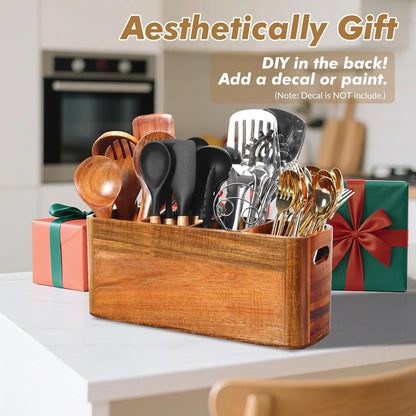 Extra Large Acacia Wood Kitchen Utensil Holder with 4 Compartments - Sturdy Organizer for Cooking Tools and Silverware, Rustic Minimalist Design