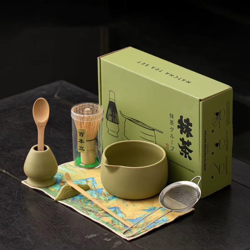 8PCS Matcha Whisk Set Bamboo Tea Brush Ceramic Japanese Exquisite Matcha Bowl Box with Whisk Sumptuous for Tea Lovers Tools