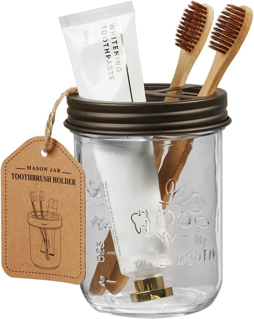 Mason Jar Bathroom Accessories Set (4 Pcs) - Lotion Soap Dispenser & 2 Cotton Swab Holder & Toothbrush Holder-Rustic Farmhouse Decor, Countertop Vanity Organize, Bathroom Home Decor (Bronze)