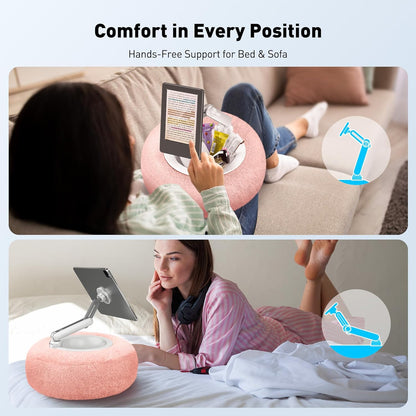 Kindle Pillow Stand, Magnetic Ipad Holder for Bed with Snack Bowl, 360° Adjustable Soft Tablet Lap Pillow for Reading, Compatible with Kindle, Tablet, Phone, Ideal Cozy Gift for Family(Pink)