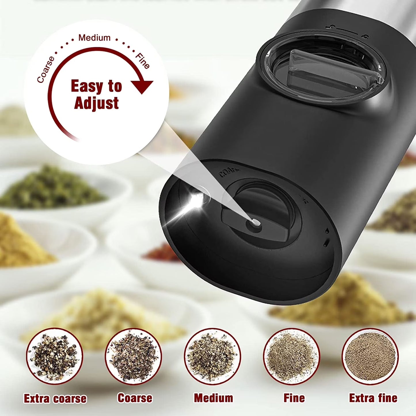 Electric Salt and Pepper Grinder Set - Automatic Rechargeable Spice Mill Shakers with LED Light, Adjustable Coarseness, One-Hand Operation, Stainless Steel Construction