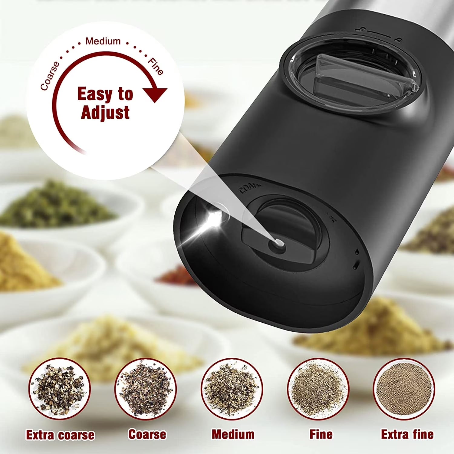 Electric Salt and Pepper Grinder Set - Automatic Rechargeable Spice Mill Shakers with LED Light, Adjustable Coarseness, One-Hand Operation, Stainless Steel Construction