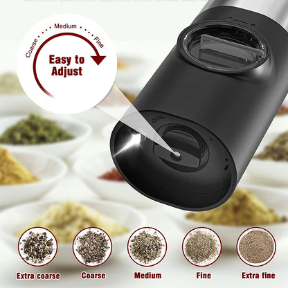 Electric Salt and Pepper Grinder Set - Automatic Rechargeable Spice Mill Shakers with LED Light, Adjustable Coarseness, One-Hand Operation, Stainless Steel Construction