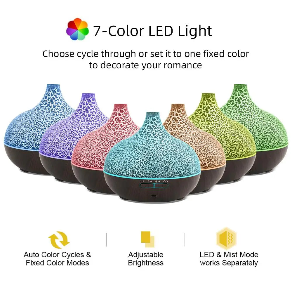 550ml Ultrasonic Essential Oil Diffuser and Humidifier with Wood Grain Finish, Remote Control, LED Flame Night Light, and Timer Function