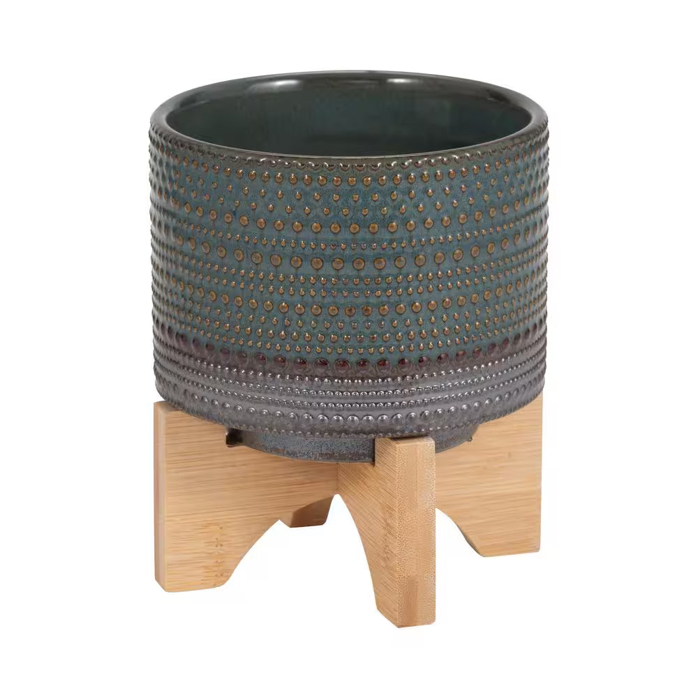 6-Inch Green and Brown Ceramic Planter with Bamboo Stand