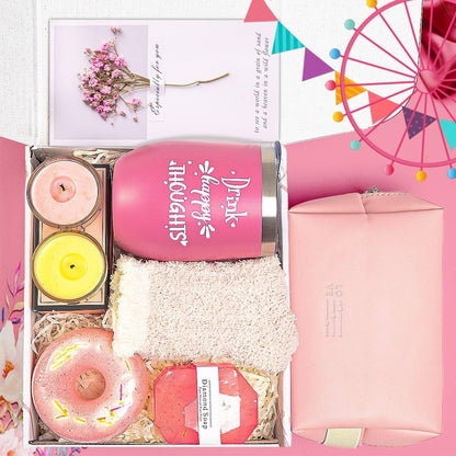 Elegant Spa Gift Box for Women - Ideal Birthday Present for Wife, Mother, Sister, Girlfriend, Daughter, and Best Friend - Includes Wine Tumbler and Spa Bath Set (Pink)