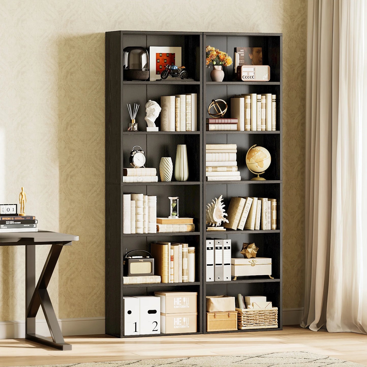 Tall 6-Tier Bookcase, Space-Saving Display Shelf for Living Room, Bedroom, and Home Office in Black