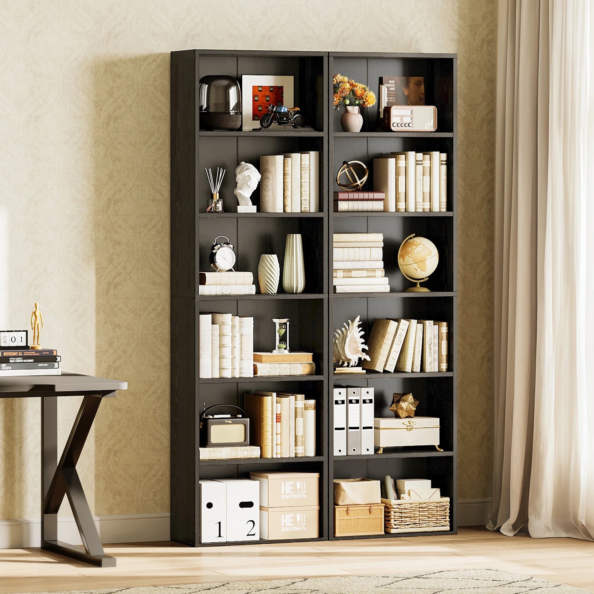 Tall 6-Tier Bookcase, Space-Saving Display Shelf for Living Room, Bedroom, and Home Office in Black
