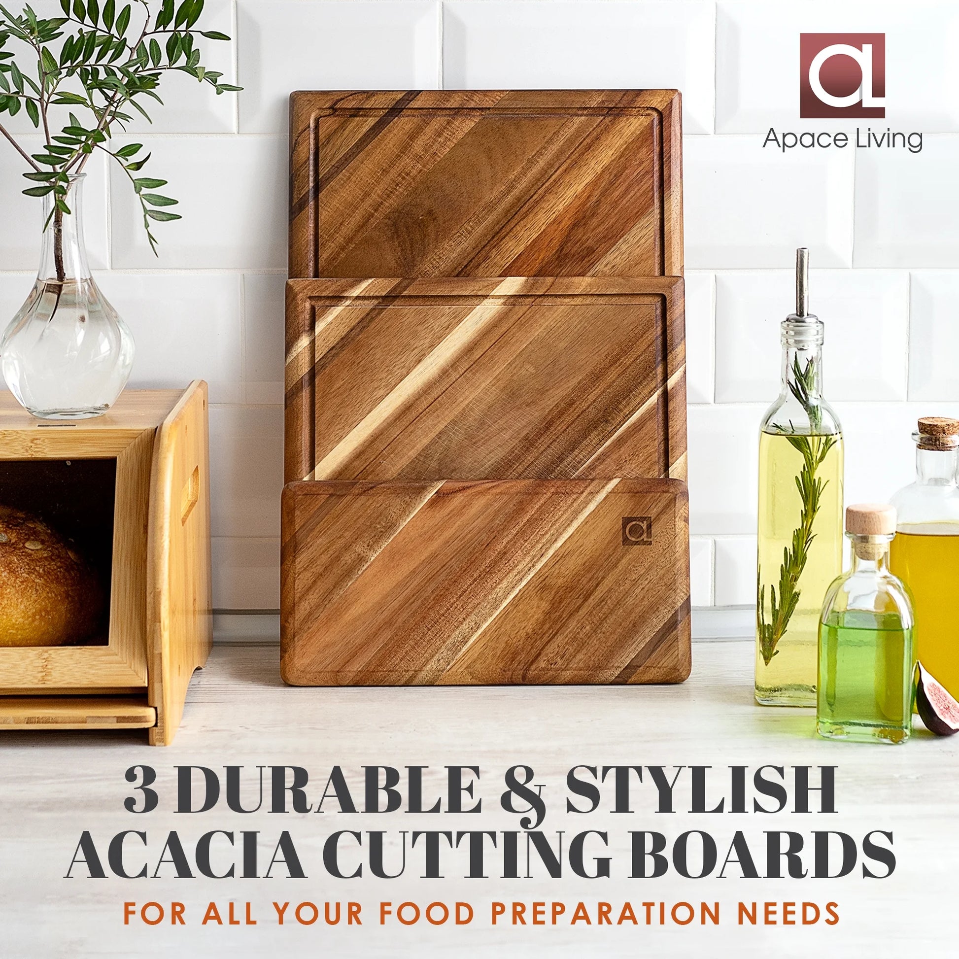 Chorus Acacia Wood Cutting Board Set with Juice Groove - 3-Piece Natural Hardwood Kitchen Chopping Boards for Meat, Vegetables, and Cheese