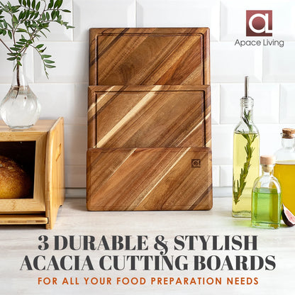 Chorus Acacia Wood Cutting Board Set with Juice Groove - 3-Piece Natural Hardwood Kitchen Chopping Boards for Meat, Vegetables, and Cheese