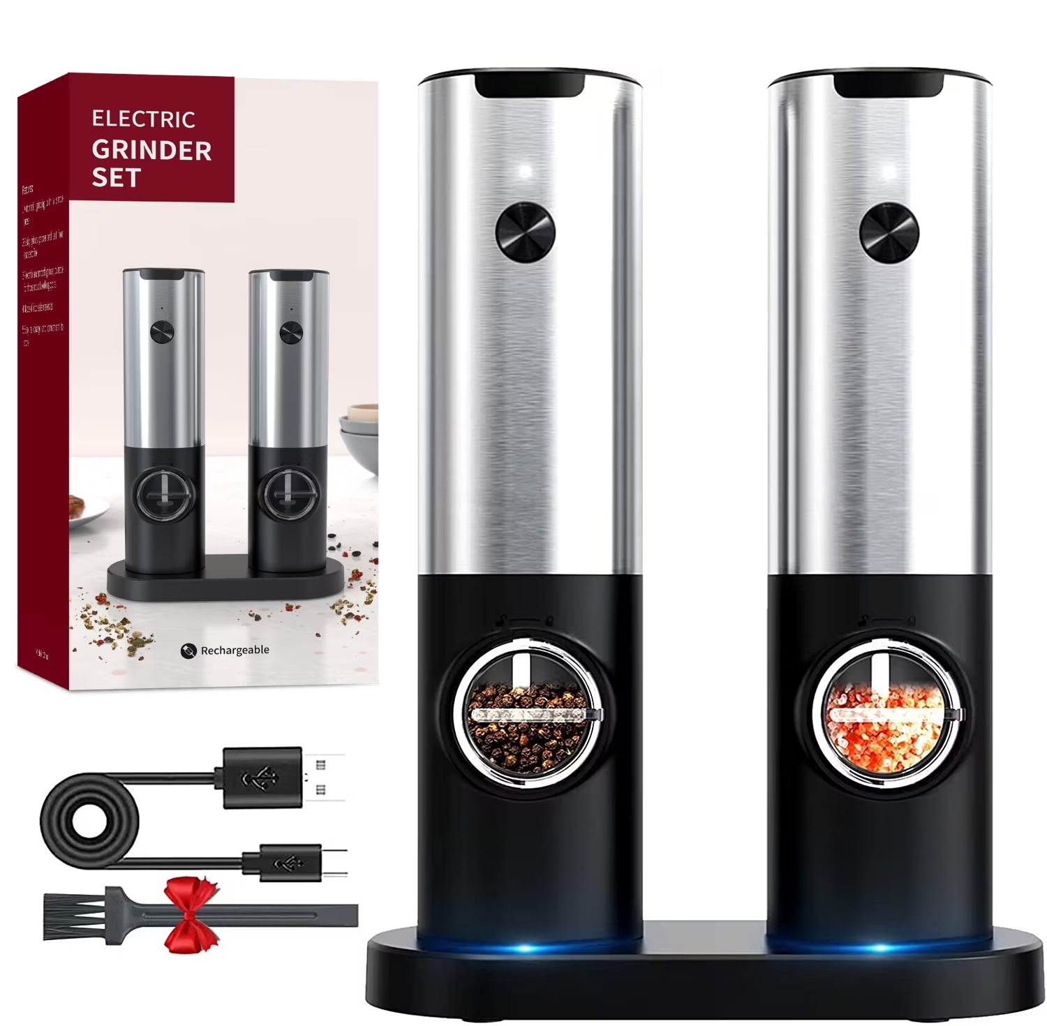 Electric Salt and Pepper Grinder Set - Automatic Rechargeable Spice Mill Shakers with LED Light, Adjustable Coarseness, One-Hand Operation, Stainless Steel Construction