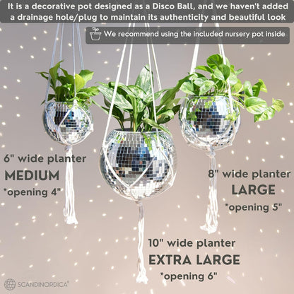 Disco Ball Planter Value Package: 6-Inch Silver Mirror Planter with Chain, Macrame Hanger, Acrylic Stand, and Self-Watering Insert for Desk Decor