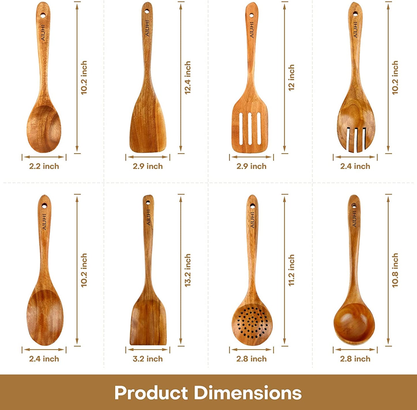 Teak Wooden Cooking Utensil Set - 8-Piece Nonstick, Non-Scratch Kitchen Spoons