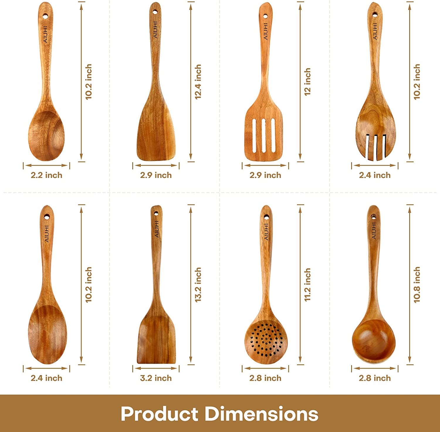 Teak Wooden Cooking Utensil Set - 8-Piece Nonstick, Non-Scratch Kitchen Spoons
