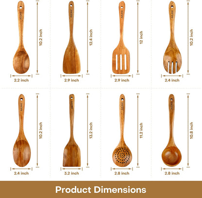 Teak Wooden Cooking Utensil Set - 8-Piece Nonstick, Non-Scratch Kitchen Spoons