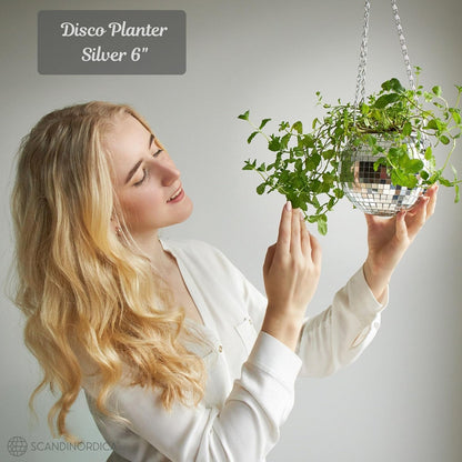 Disco Ball Planter Value Package: 6-Inch Silver Mirror Planter with Chain, Macrame Hanger, Acrylic Stand, and Self-Watering Insert for Desk Decor