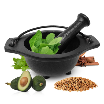 Cast Iron Mortar and Pestle Set in Cauldron Design