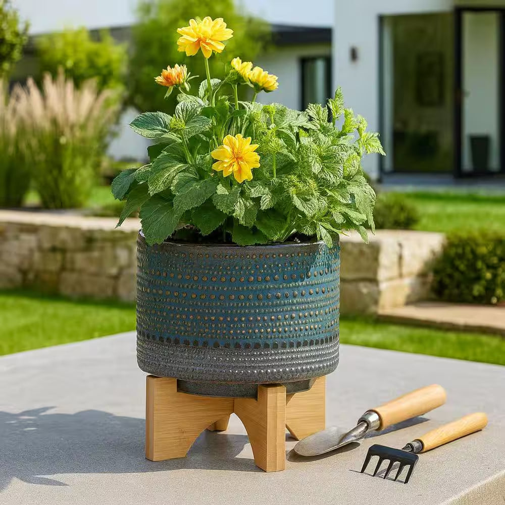 6-Inch Green and Brown Ceramic Planter with Bamboo Stand
