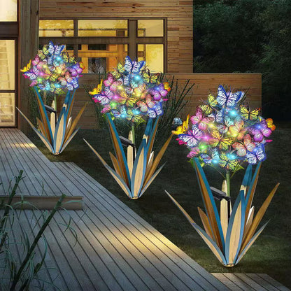 Solar Metal Agave Butterfly Garden Sculpture Set (3 Blue Pieces)