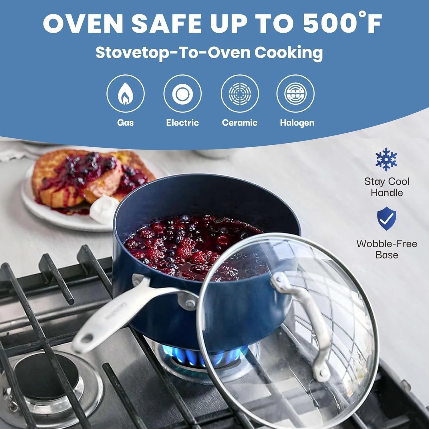 15-Piece Non-Stick Kitchen Cookware Set with Diamond Coating - Dishwasher Safe - Blue