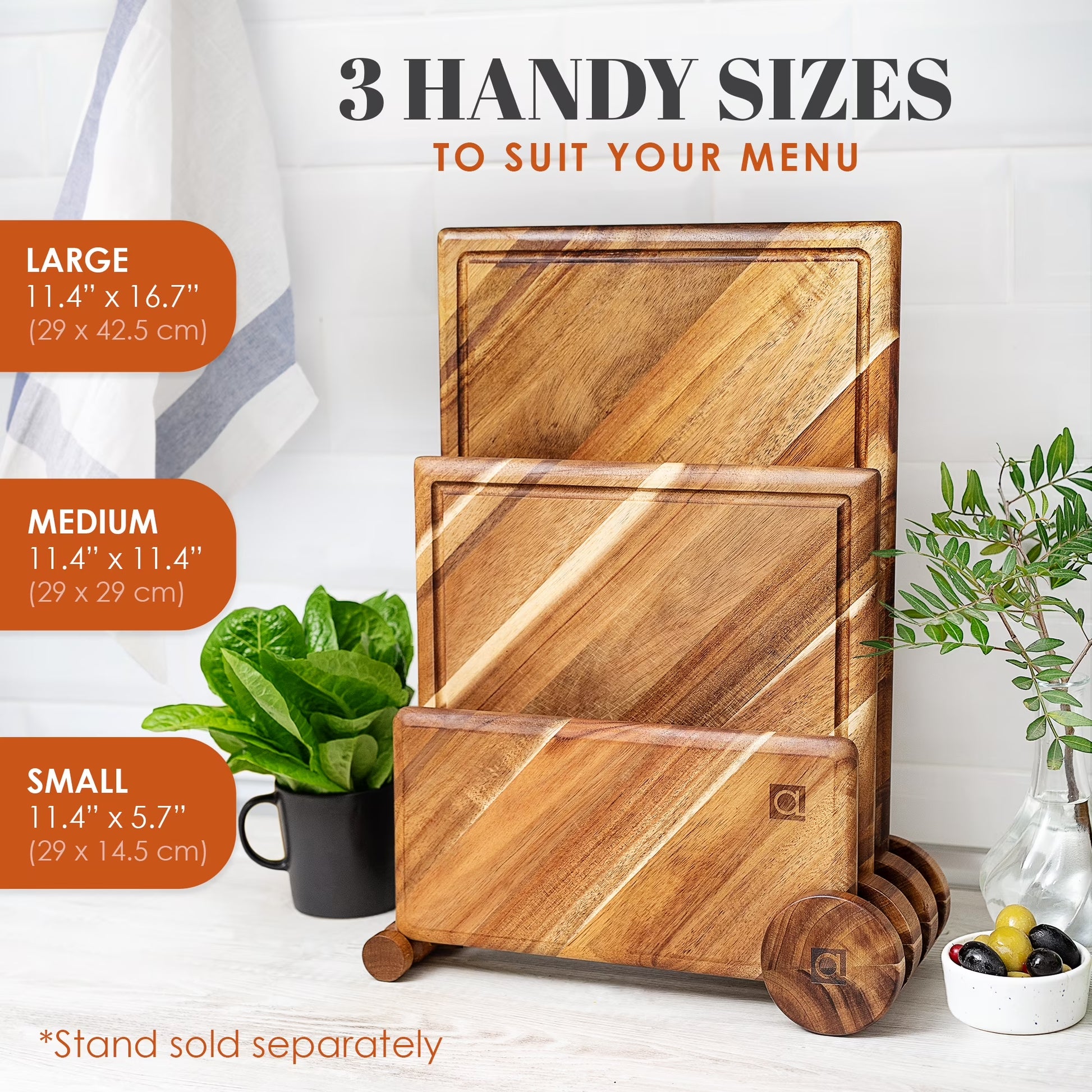 Chorus Acacia Wood Cutting Board Set with Juice Groove - 3-Piece Natural Hardwood Kitchen Chopping Boards for Meat, Vegetables, and Cheese