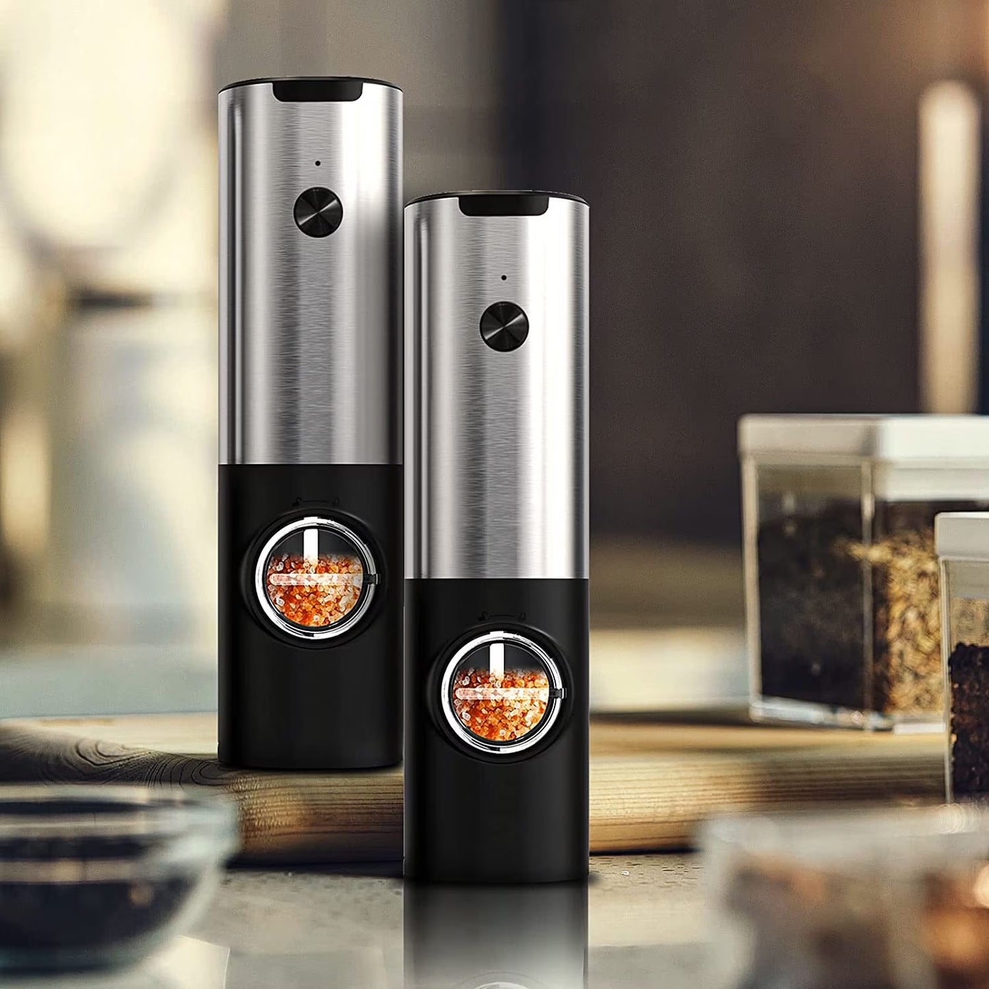 Electric Salt and Pepper Grinder Set - Automatic Rechargeable Spice Mill Shakers with LED Light, Adjustable Coarseness, One-Hand Operation, Stainless Steel Construction