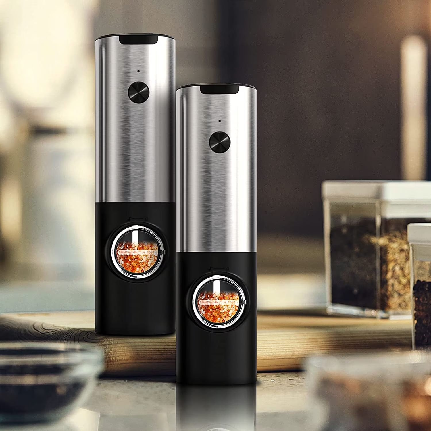 Electric Salt and Pepper Grinder Set - Automatic Rechargeable Spice Mill Shakers with LED Light, Adjustable Coarseness, One-Hand Operation, Stainless Steel Construction