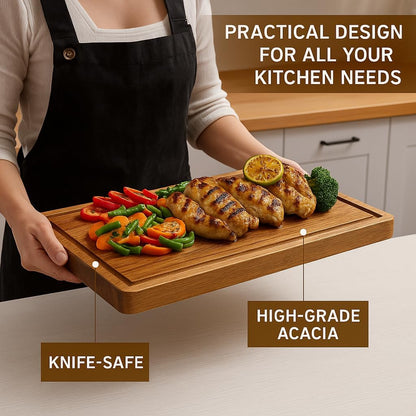 Acacia Wood Cutting Board Set of 3 with Holder | Non-Toxic, Non-Slip Silicone Pads, Deep Juice Grooves & Handles | Perfect for Meat, Vegetables & Charcuterie – Elegant Kitchen Gift