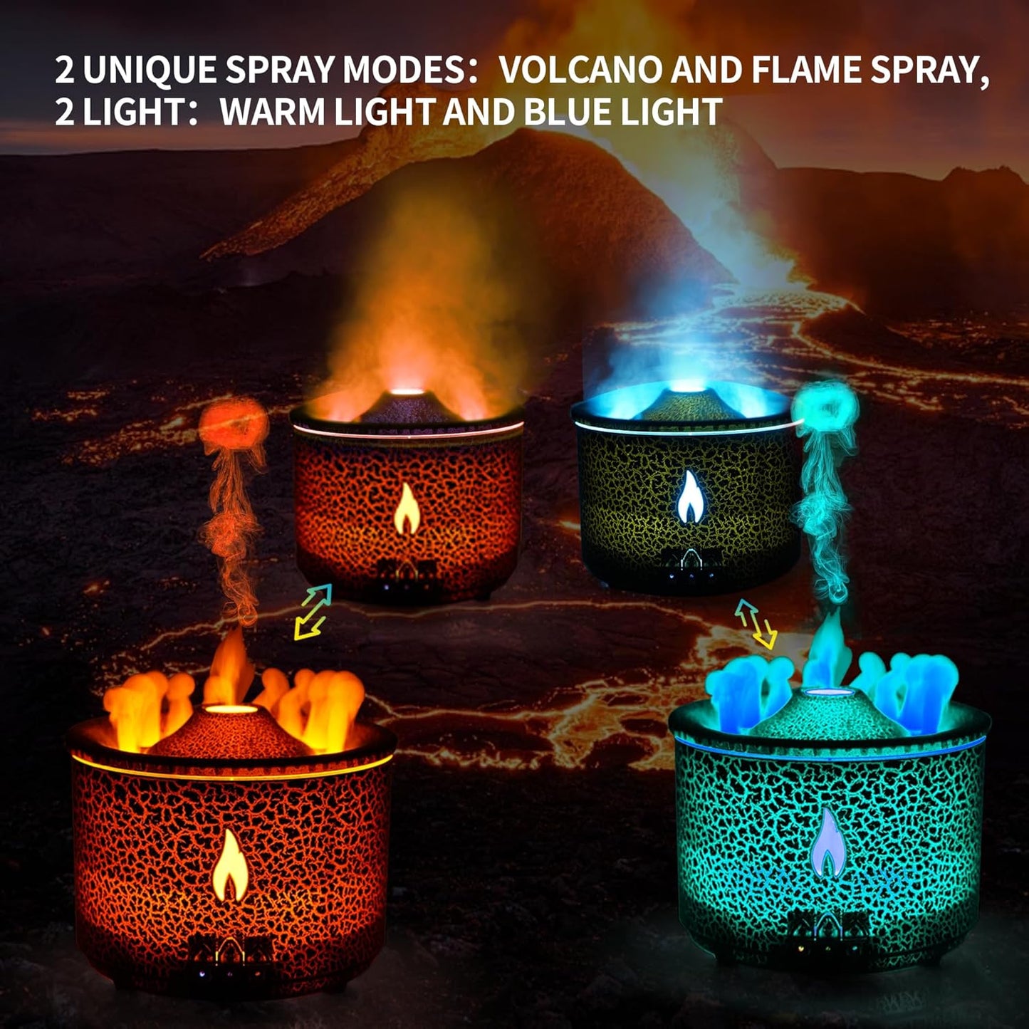 Aroma Essential Oil Diffuser 360ml with Volcano and Flame Design, Includes 1.76oz Hotel Collection Essential Oils, Adjustable Blue/Red Light Selection, Ideal for Large Rooms (Black Cracks)