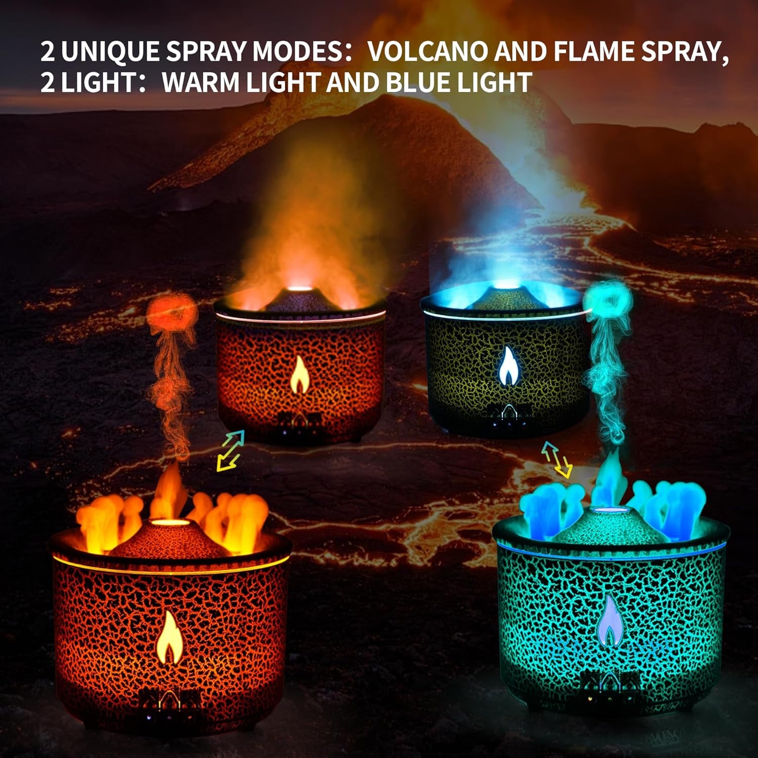 Aroma Essential Oil Diffuser 360ml with Volcano and Flame Design, Includes 1.76oz Hotel Collection Essential Oils, Adjustable Blue/Red Light Selection, Ideal for Large Rooms (Black Cracks)