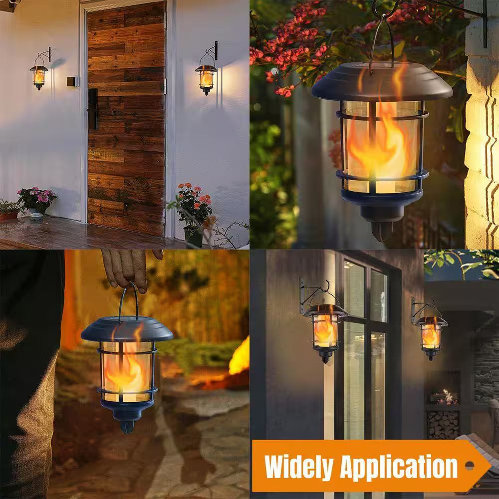 2-Pack Waterproof Solar LED Wall Lanterns with Flickering Flame Effect and Hooks for Outdoor Use