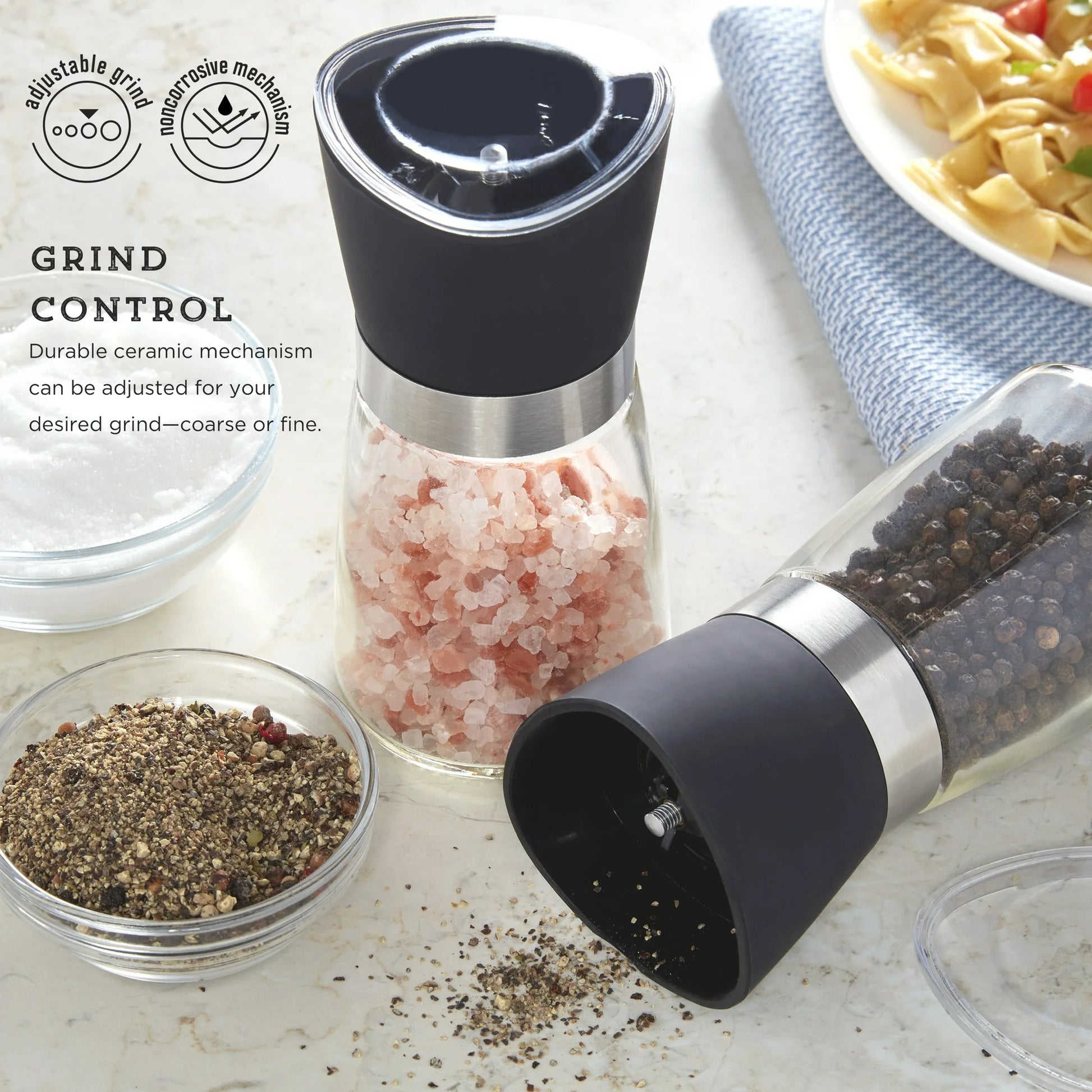 5-Inch Glass Pink Himalayan Salt and Pepper Grinder Set - 2 Pack