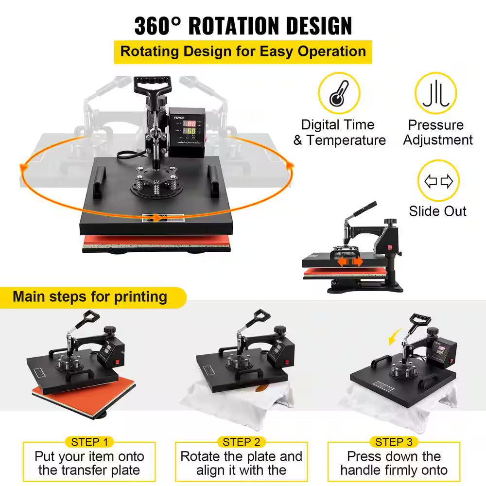 15 In. L X 15 In. W Heat Press Machine 8 in 1 Dual LED Display 360° Rotation Swing Away T-Shirt Press Machine, Black